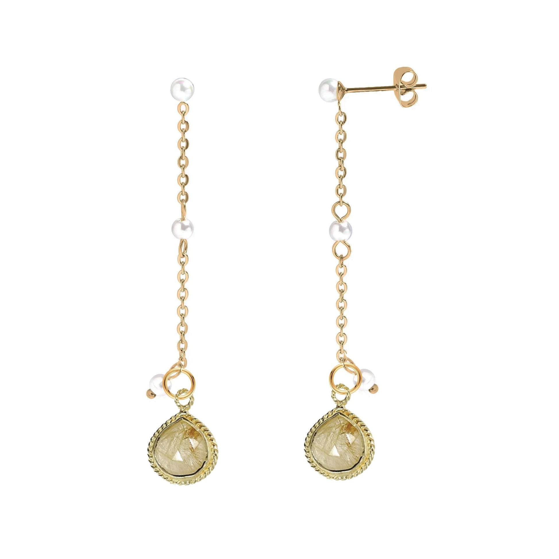 Long Pearl and Gemstone Drop Stud Back Earrings - 9 color options Robyn Canady Rutilated Quartz 
