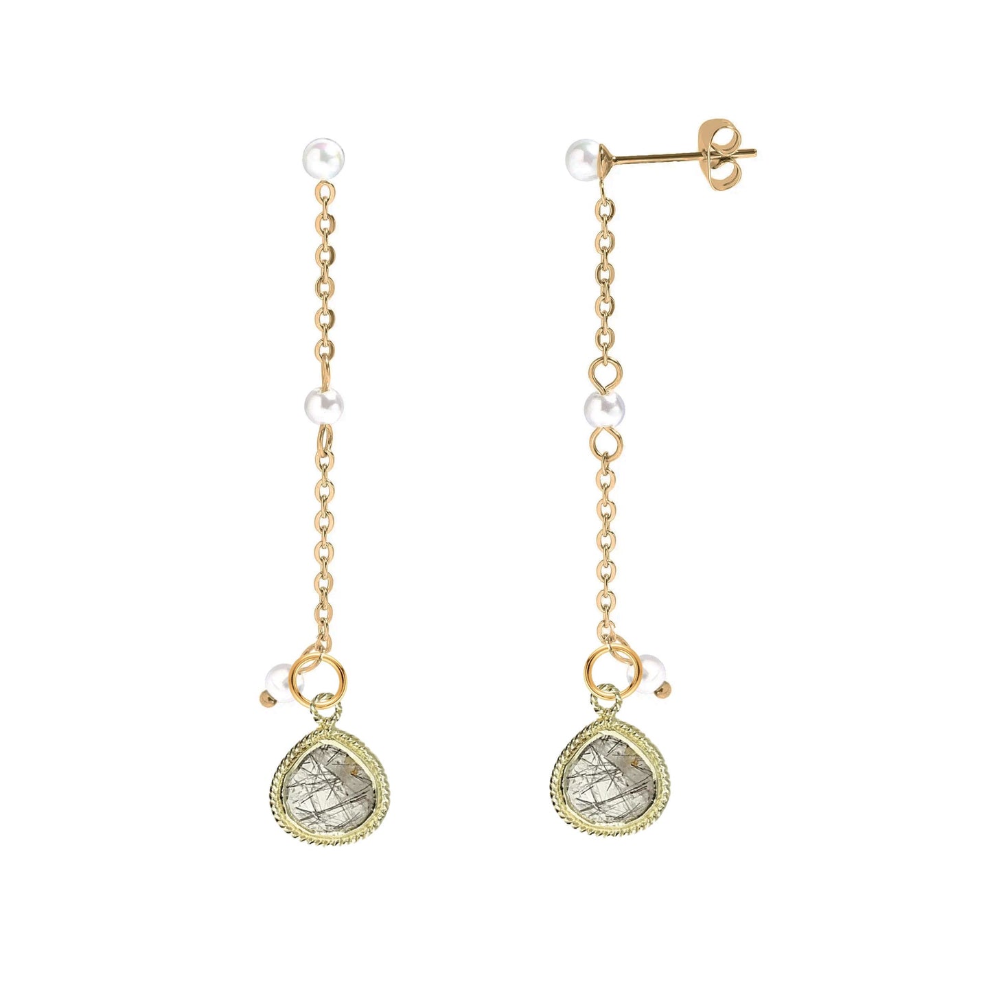 Long Pearl and Gemstone Drop Stud Back Earrings - 9 color options Robyn Canady Tourmilinated Quartz 