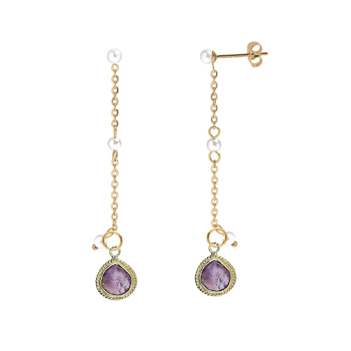 Long Pearl and Gemstone Drop Stud Back Earrings - 9 color options Robyn Canady Amethyst 