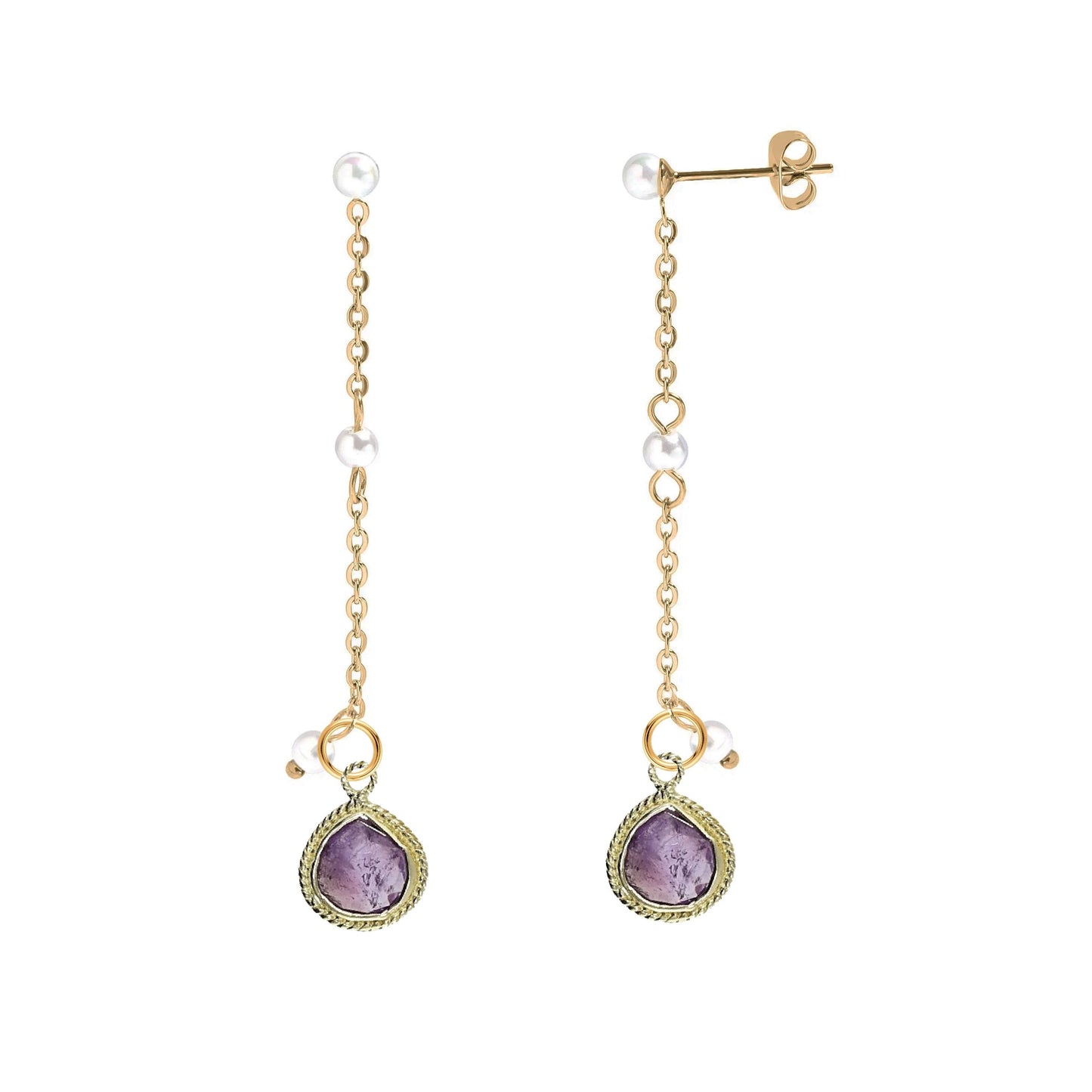 Long Pearl and Gemstone Drop Stud Back Earrings - 9 color options Robyn Canady Amethyst 
