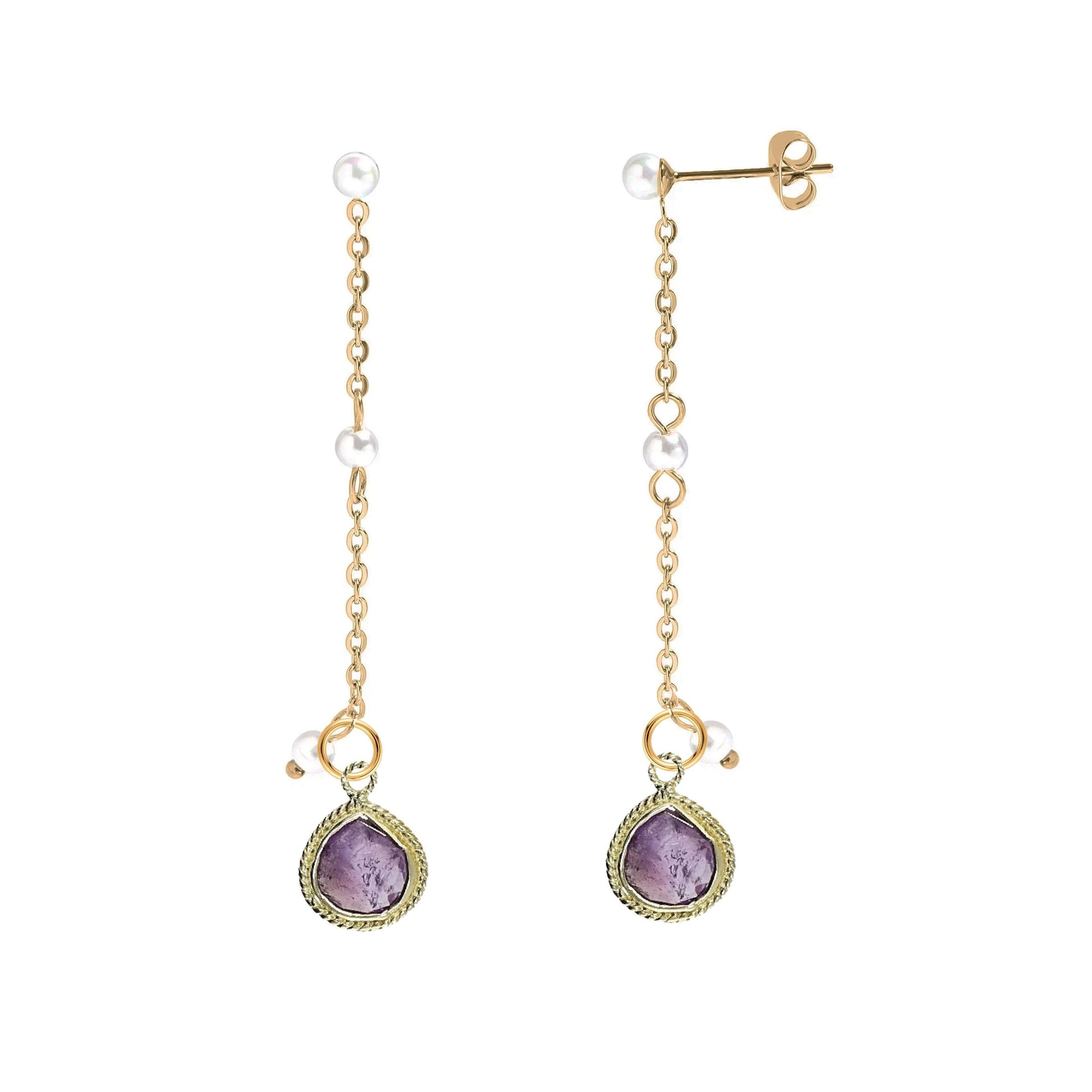 Long Pearl and Gemstone Drop Stud Back Earrings - 9 color options Robyn Canady Amethyst 