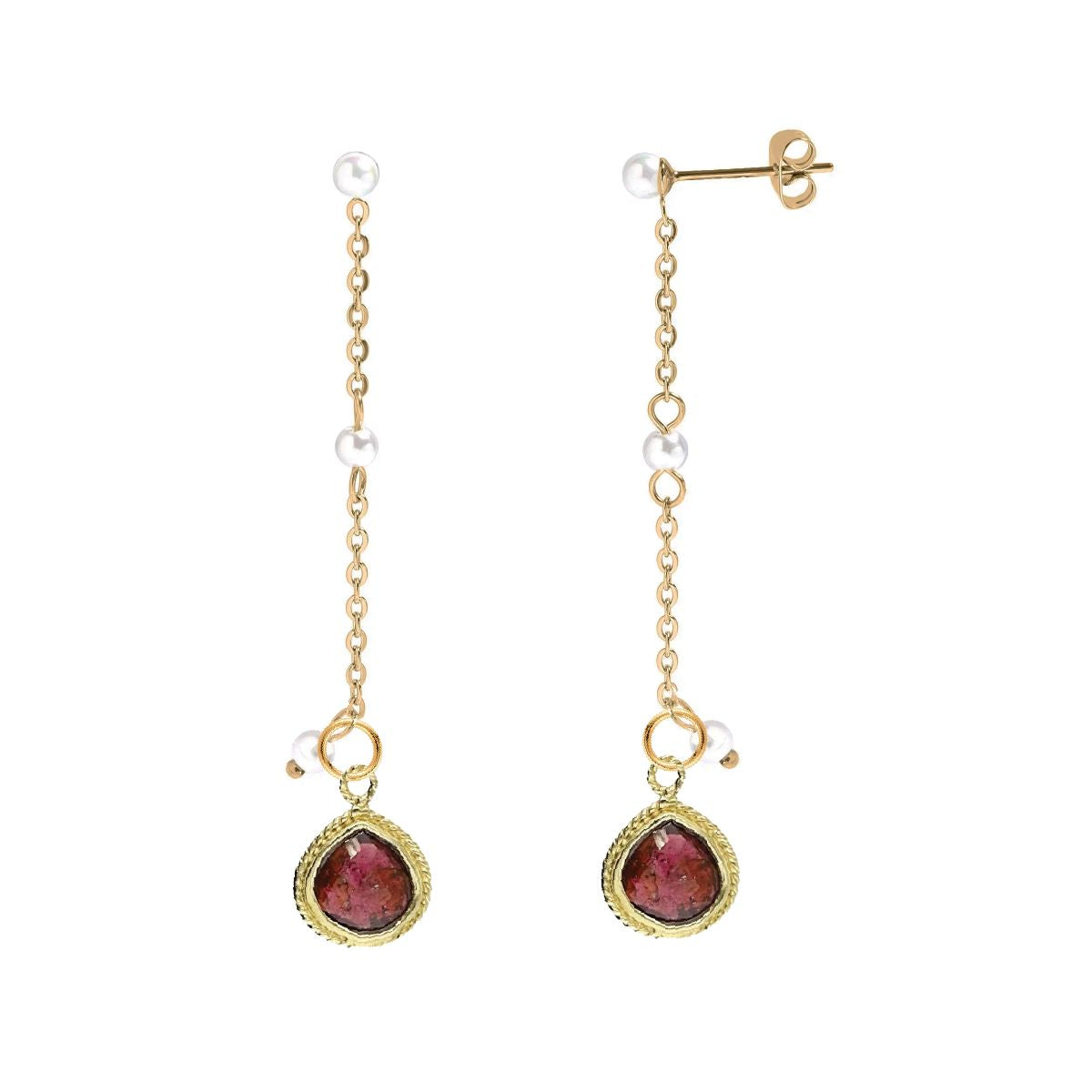 Long Pearl and Gemstone Drop Stud Back Earrings - 9 color options Robyn Canady Garnet 