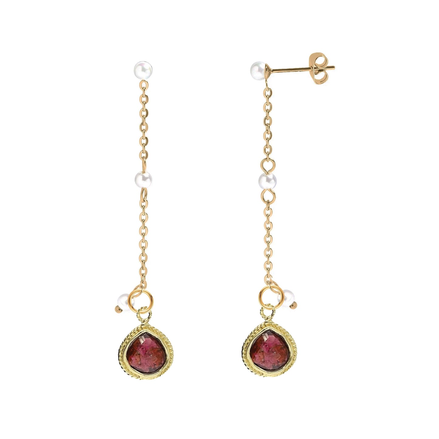 Long Pearl and Gemstone Drop Stud Back Earrings - 9 color options Robyn Canady Garnet 