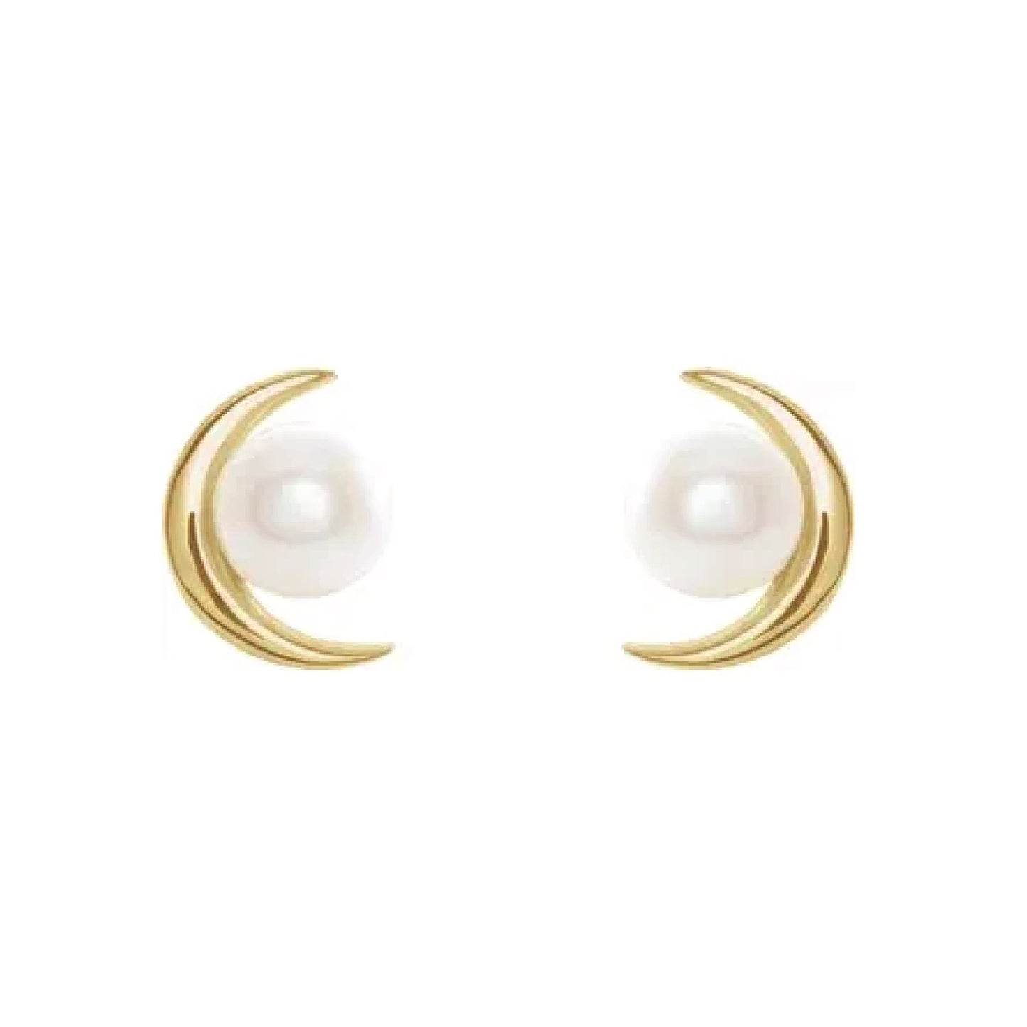 14K Solid Gold Crescent Moon Pearl Stud Earrings Earrings Robyn Canady 