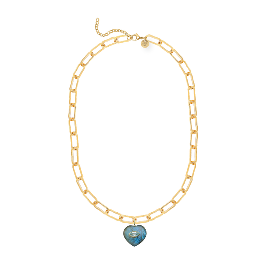 Labradorite and Blue Topaz Heart Paperclip Chain Necklace