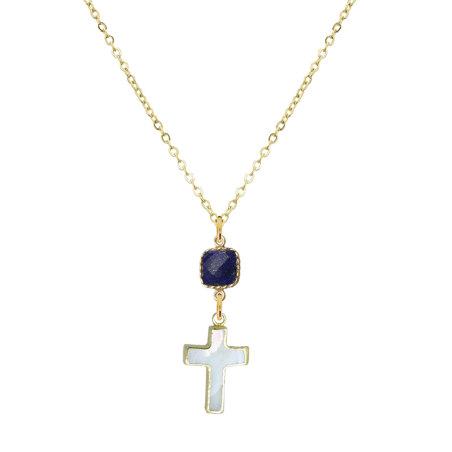 Gemstone and Mother of Pearl Cross Necklace - 4 color options Robyn Canady 18K Stainless Steel Lapis 