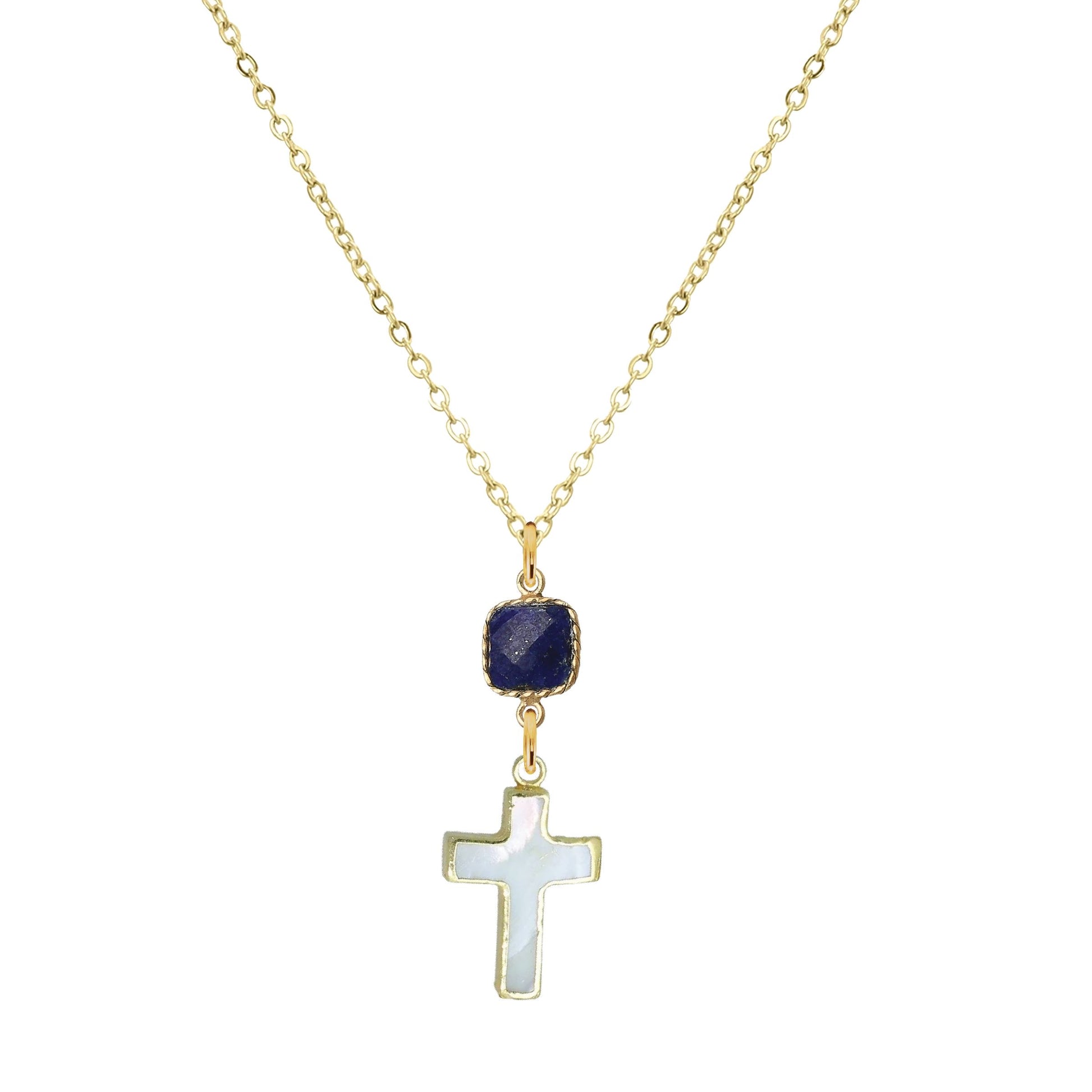 Gemstone and Mother of Pearl Cross Necklace - 4 color options Robyn Canady 18K Stainless Steel Lapis 