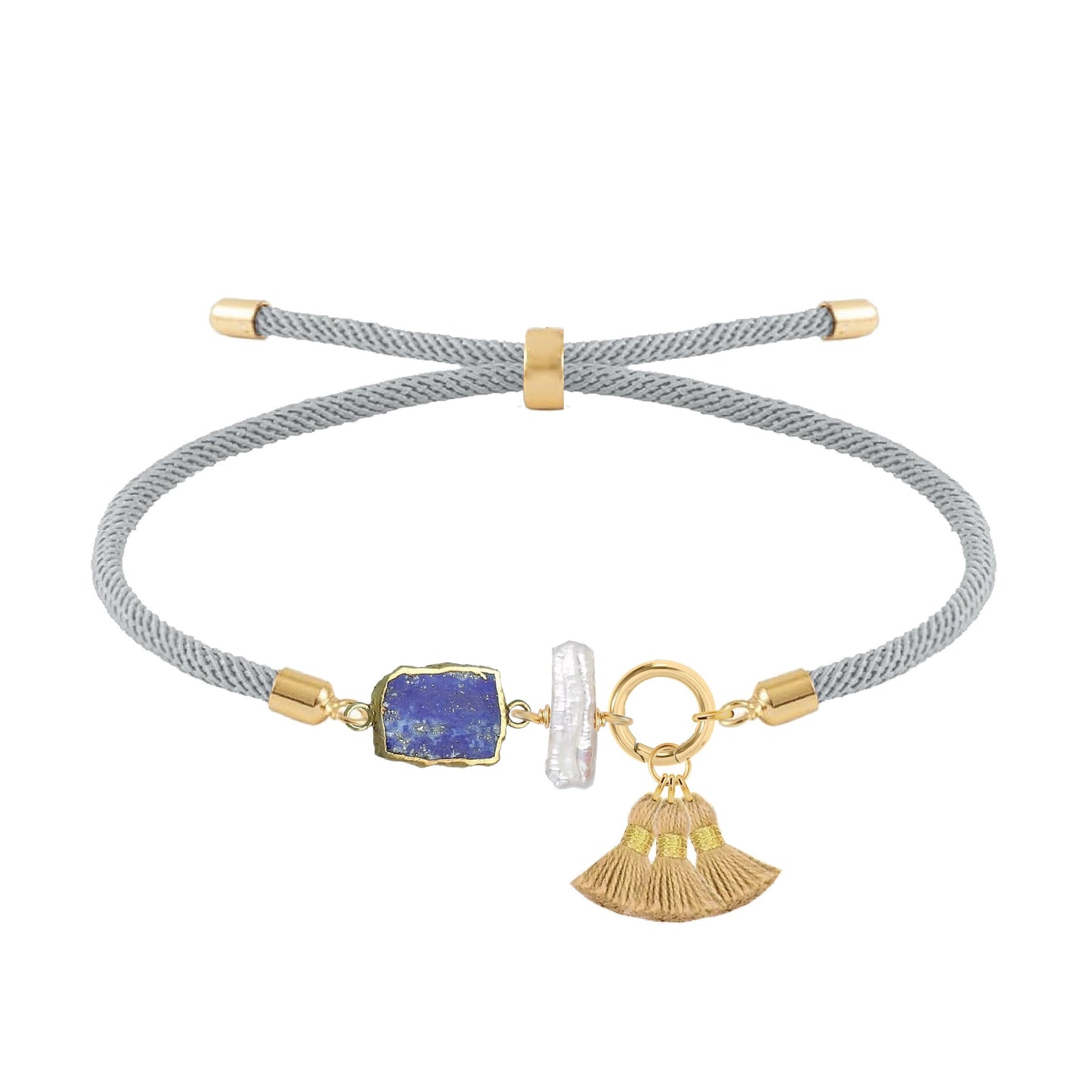 Gemstone Slice, Freshwater Pearl, Gold Tassel Bracelet - 4 color options Robyn Canady Lapis Gray 