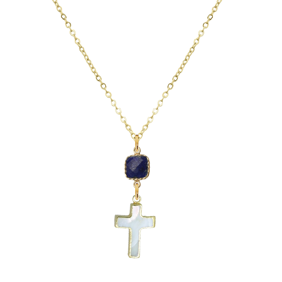 Gemstone and Mother of Pearl Cross Necklace - 4 color options
