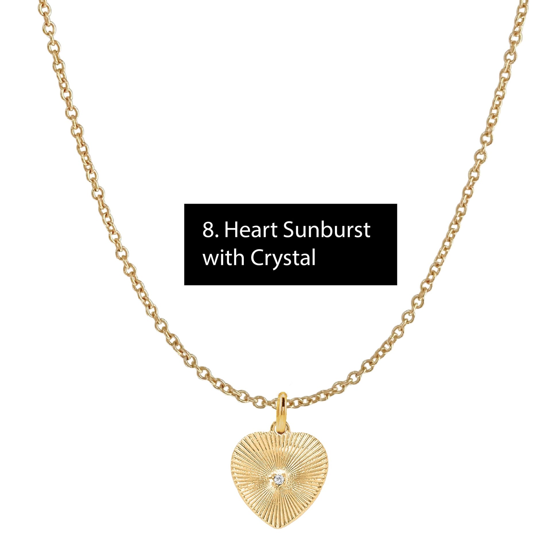 Gold Everyday Layering Necklace - 11 Pendant Options - Tarnish Resistant, Waterproof, Hypoallergenic Robyn Canady Gold 8. Heart Sunburst with Crystal 