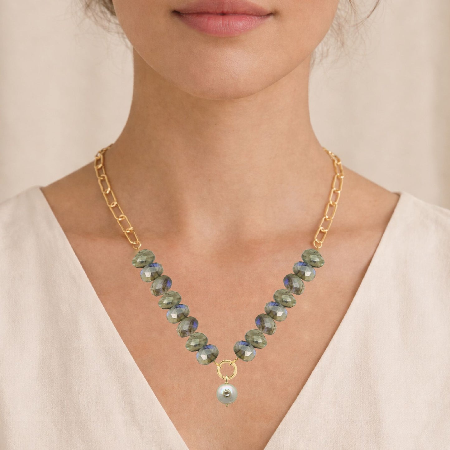 Natasha Labradorite and Freshwater Pearl Statement Necklace Necklace Robyn Canady 