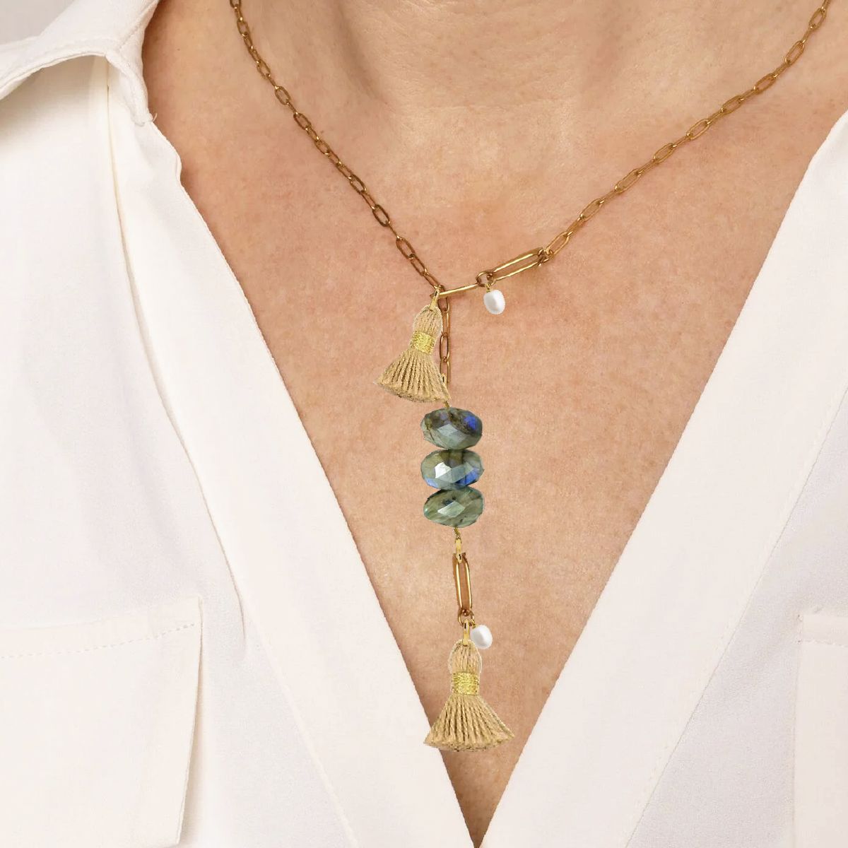Labradorite and Freshwater Pearl Tassel Lariat Necklace Robyn Canady 