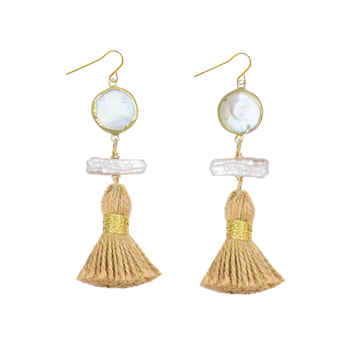 Long Pearl and Gold Tassel Earrings