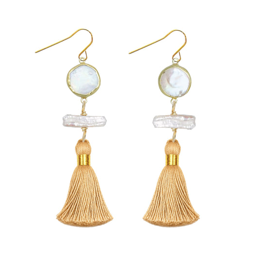 Long Pearl and Gold Tassel Earrings Robyn Canady 