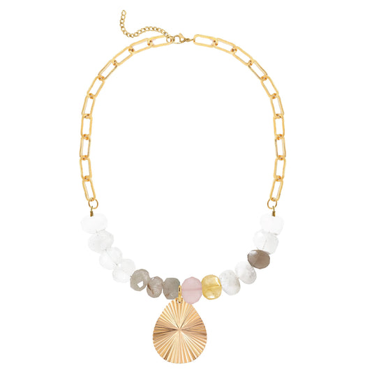 Pink Chalcedony Statement Necklace with Sunburst Pendant Robyn Canady Gold 