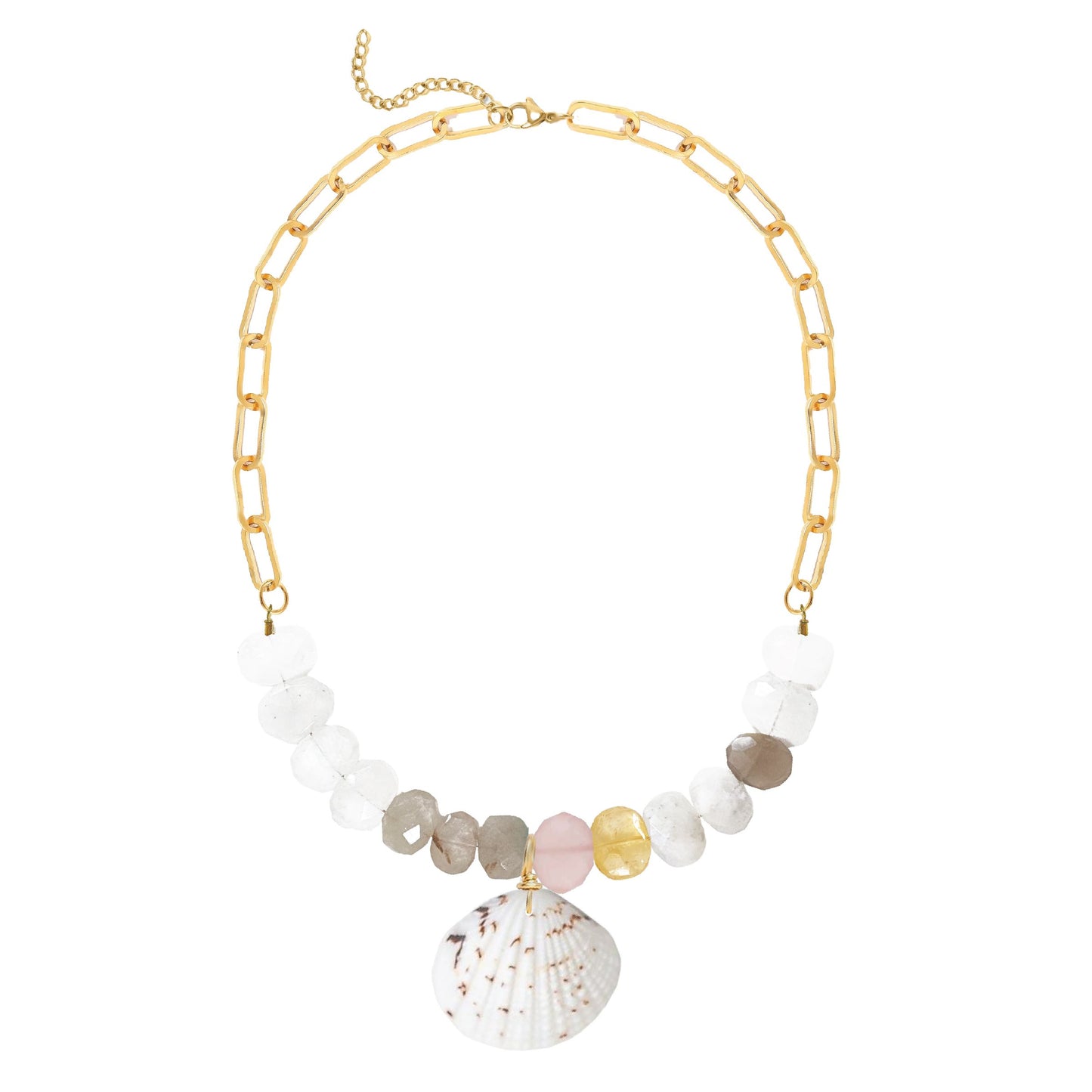 Pink Chalcedony Statement Necklace with Large Shell Pendant Robyn Canady Gold 