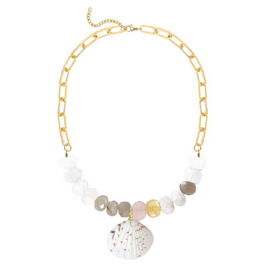 Pink Chalcedony Statement Necklace with Large Shell Pendant Robyn Canady Gold 
