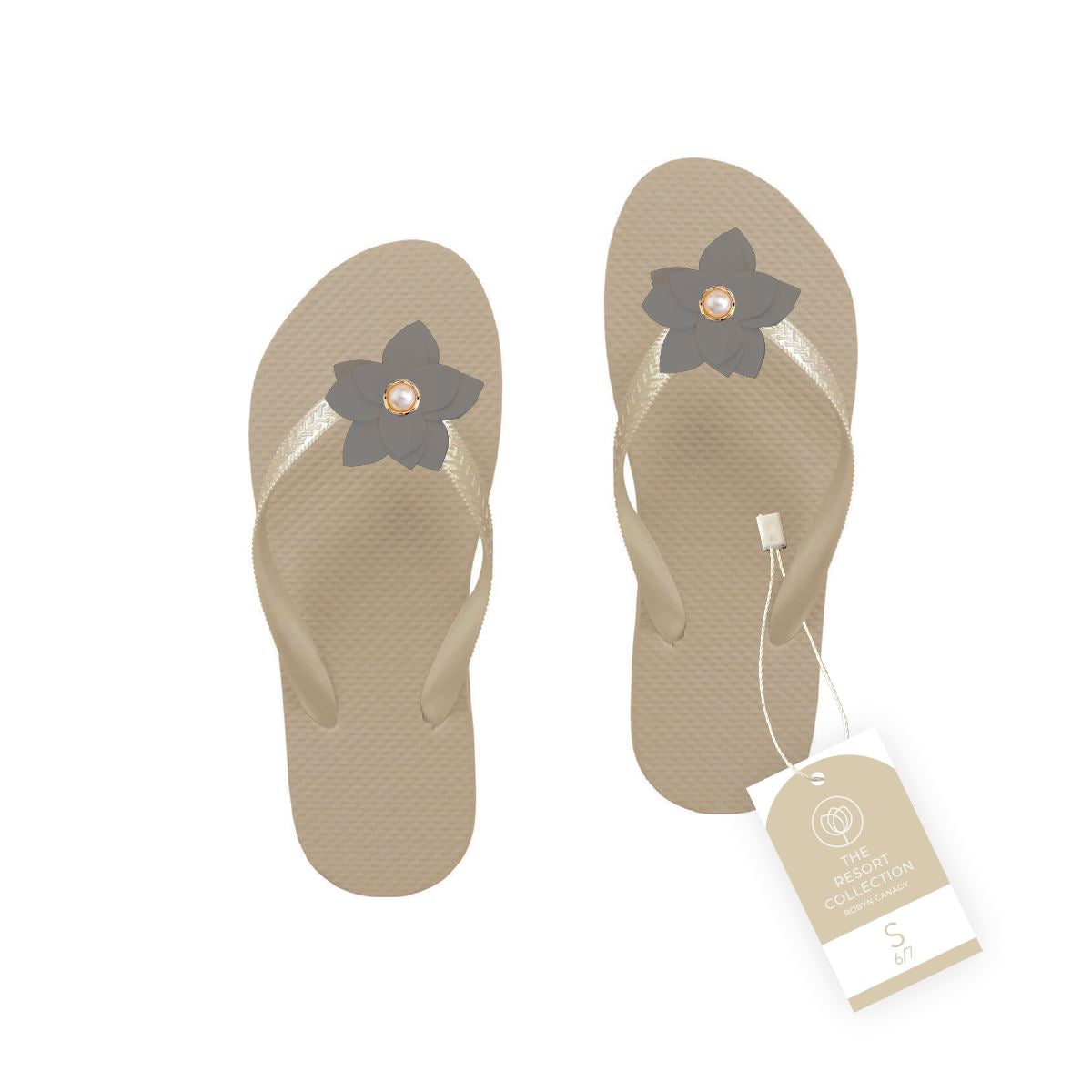 WS - Three Pairs of Handmade Flower Flip Flops with Pearl Accent Robyn Canady Gold/Brown 