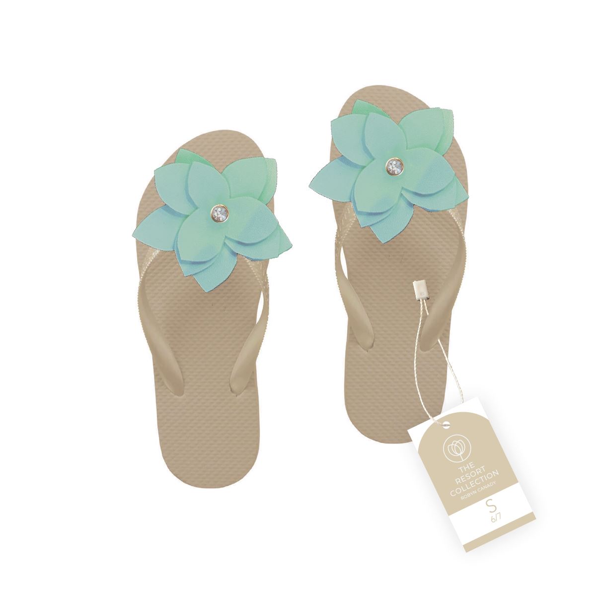 WS - Three Pairs of Handmade Large Flower Flip Flops with Rhinestone Accent Robyn Canady Gold/Aqua 