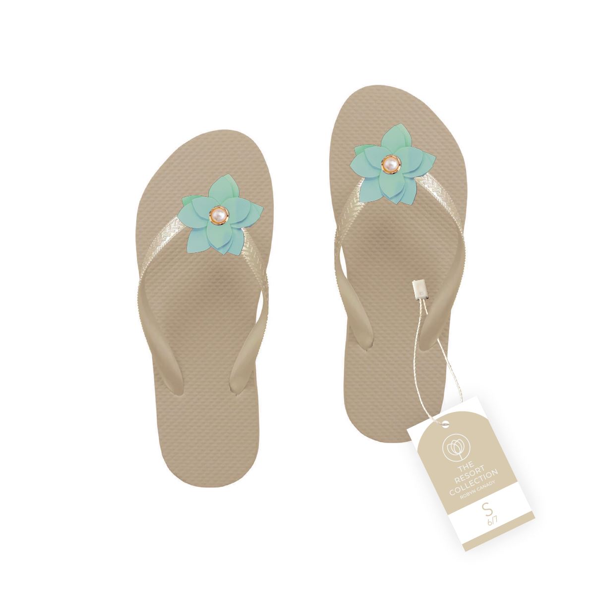 WS - Three Pairs of Handmade Flower Flip Flops with Pearl Accent Robyn Canady Gold/Aqua 