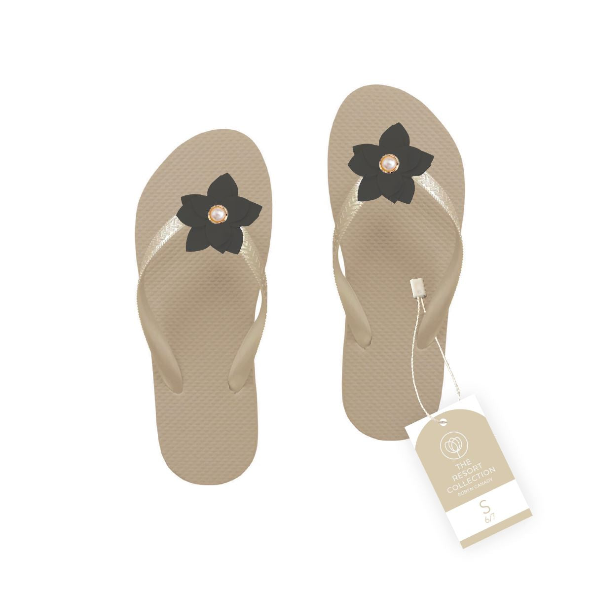 WS - Three Pairs of Handmade Flower Flip Flops with Pearl Accent Robyn Canady Gold/Black 