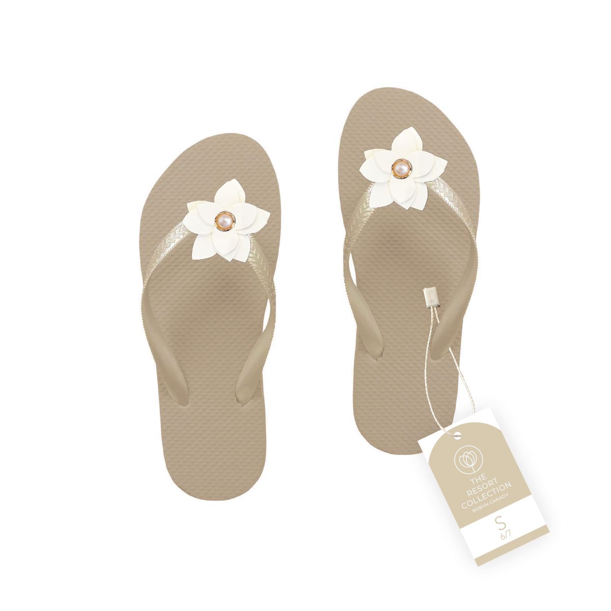 WS - Three Pairs of Handmade Flower Flip Flops with Pearl Accent Robyn Canady Gold 