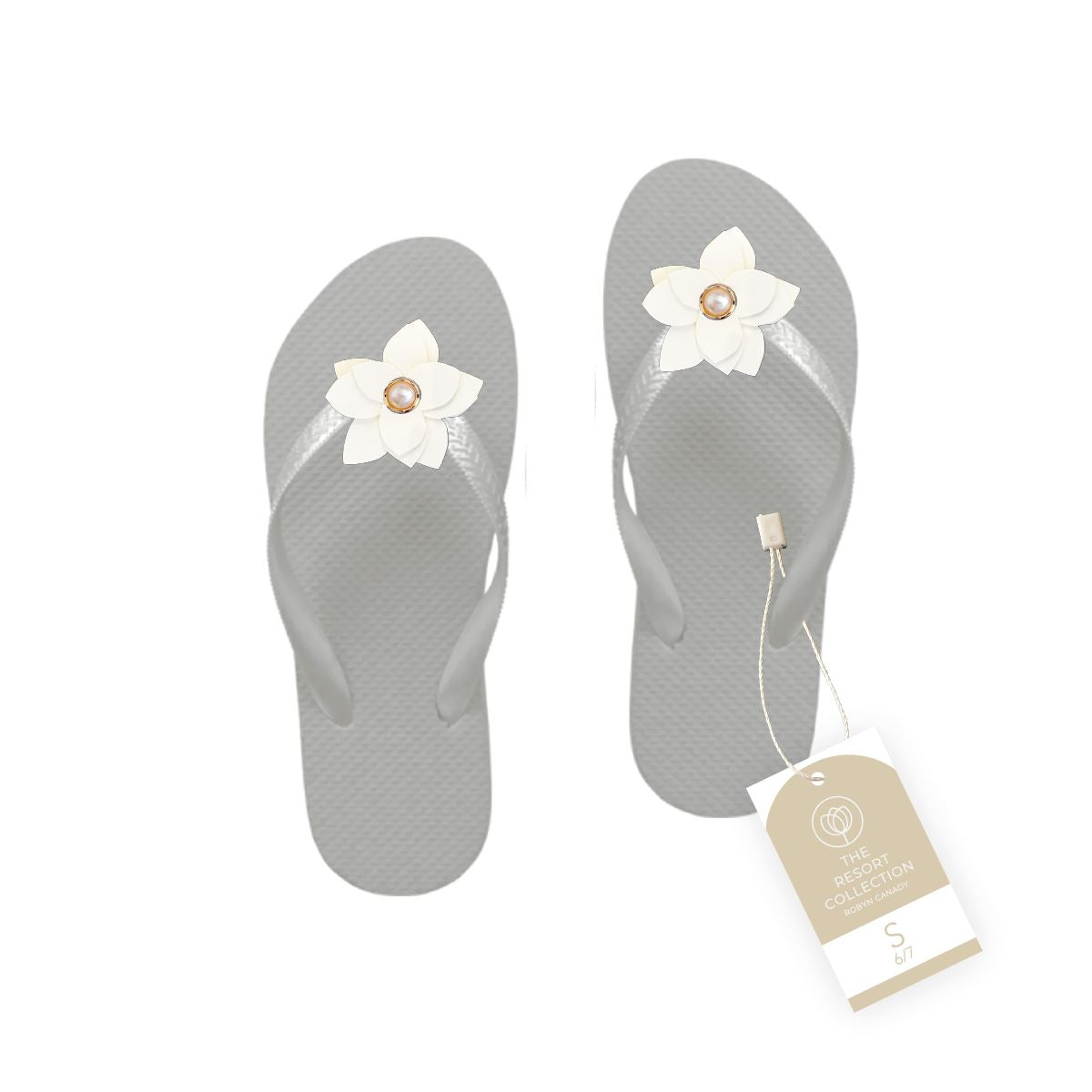 WS - Three Pairs of Handmade Flower Flip Flops with Pearl Accent Robyn Canady Gray 