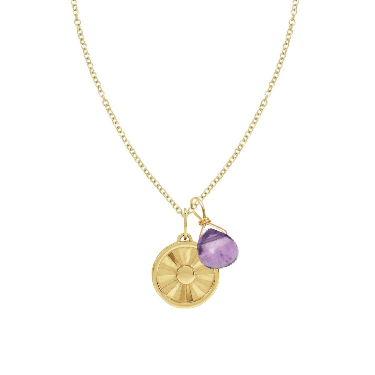 Happiness Necklace - 14K Gold Sun Charm and Tiny Amethyst Drop Necklace Robyn Canady 14K Gold Filled 