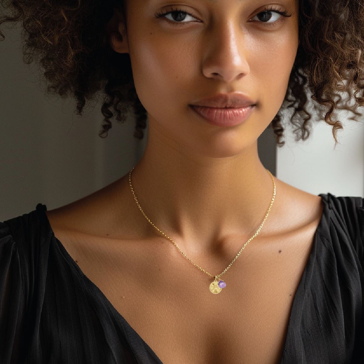 Happiness Necklace - 14K Gold Sun Charm and Tiny Amethyst Drop Necklace Robyn Canady 