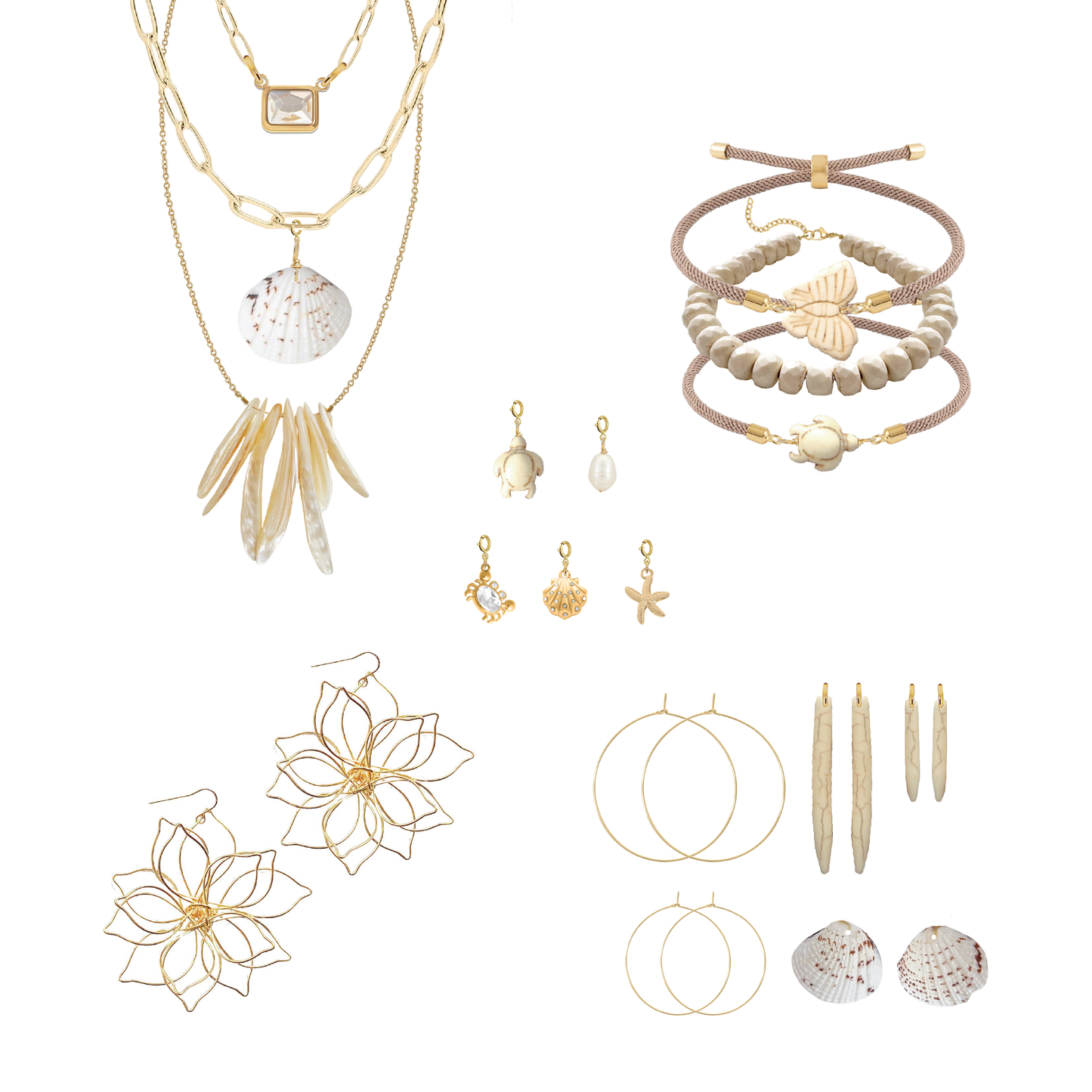 Collection of gold jewelry including necklaces, bracelets, earrings, and charms on a white background.
