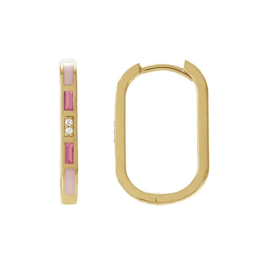 14K Pink Enamel, Tourmaline and Diamond Hinged Hoops Earrings Robyn Canady 