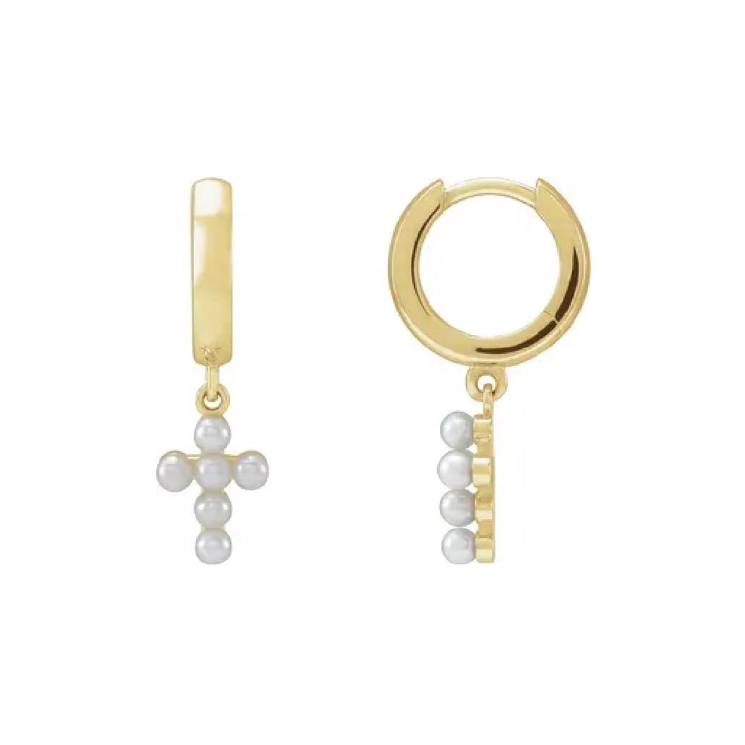 14K Solid Gold Pearl Cross Hoop Earrings Earrings Robyn Canady 