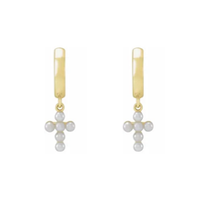 Load image into Gallery viewer, 14K Solid Gold Pearl Cross Hoop Earrings Earrings Robyn Canady 
