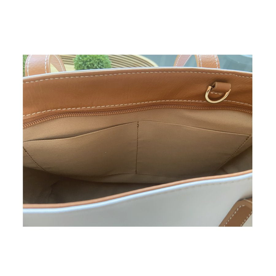 Italian Leather Tote with Lotus Flower in Cream + Brown Robyn Canady 