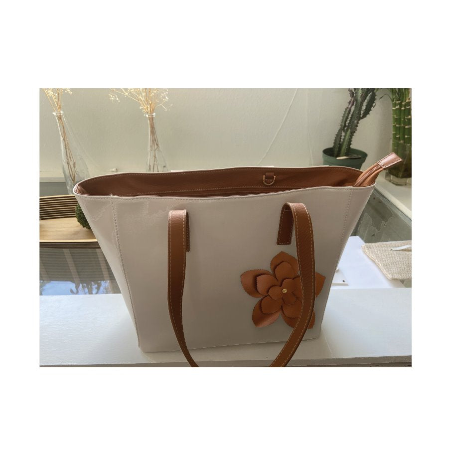 Italian Leather Tote with Lotus Flower in Cream + Brown Robyn Canady 