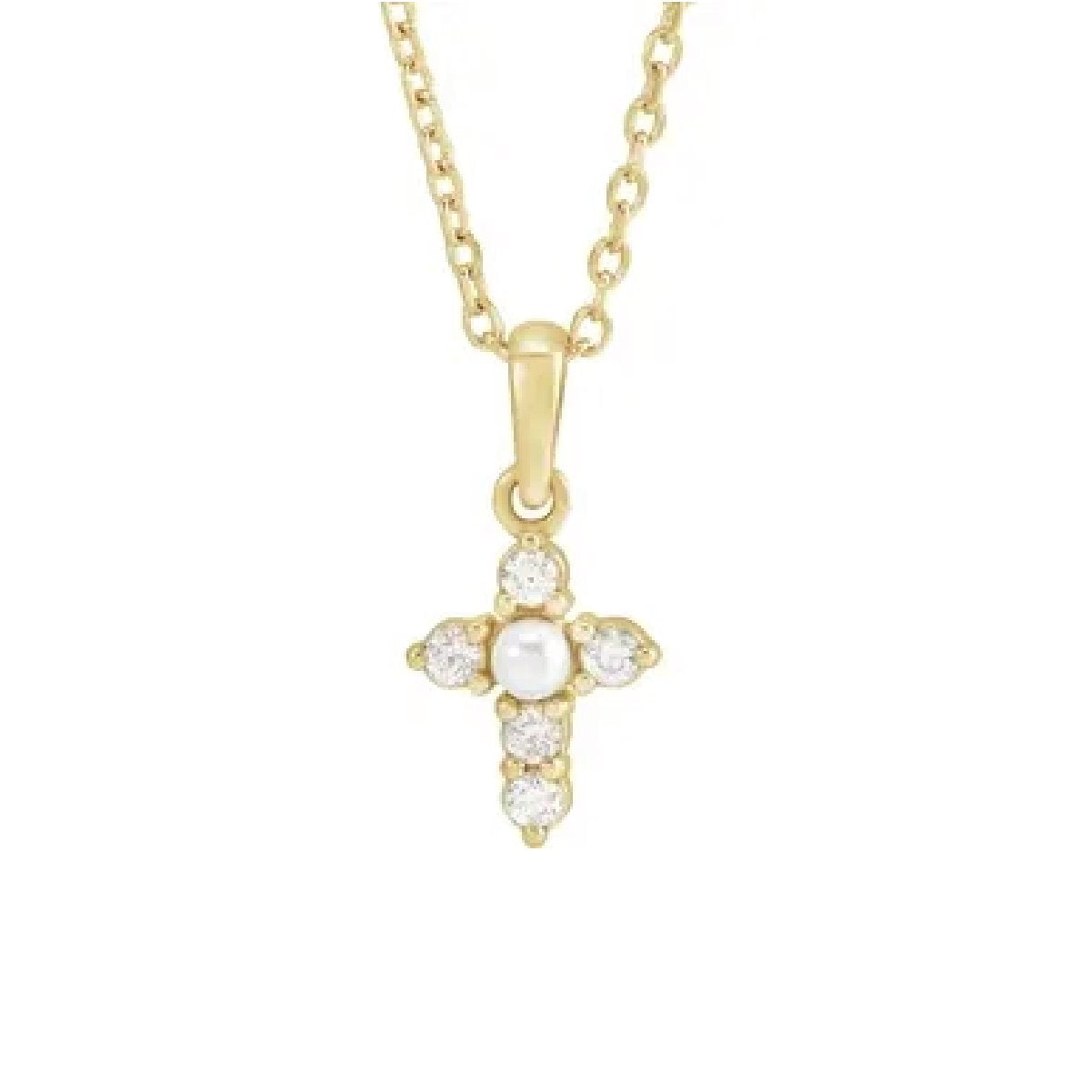 Diamond and Pearl Cross Necklace Necklace Robyn Canady 14K Solid Gold 