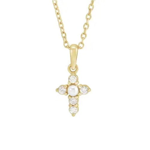 Diamond and Pearl Cross Necklace Necklace Robyn Canady 14K Solid Gold 